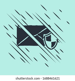 Black Envelope with shield icon isolated on green background. Insurance concept. Security, safety, protection, protect concept. Glitch style. Vector Illustration