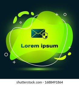 Black Envelope with shield icon isolated on black background. Insurance concept. Security, safety, protection, protect concept. Abstract banner with liquid shapes. Vector Illustration