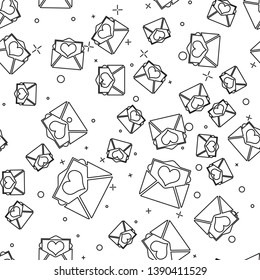 Black Envelope with Valentine heart icon isolated seamless pattern on white background. Letter love and romance. Vector Illustration