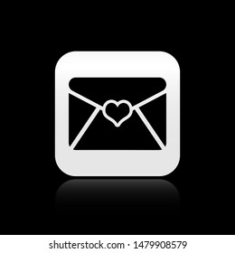 Black Envelope with Valentine heart icon isolated on black background. Letter love and romance. square button. Vector Illustration