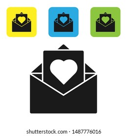 Black Envelope with Valentine heart icon isolated on white background. Message love. Letter love and romance. Set icons colorful square buttons. Vector Illustration