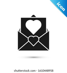 Black Envelope with Valentine heart icon isolated on white background. Message love. Letter love and romance.  Vector Illustration