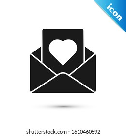 Black Envelope with Valentine heart icon isolated on white background. Message love. Letter love and romance.  Vector Illustration
