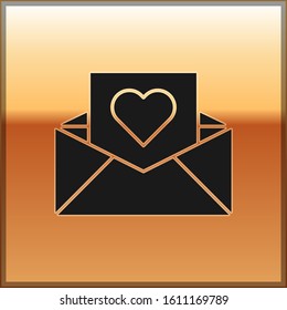 Black Envelope with Valentine heart icon isolated on gold background. Message love. Letter love and romance.  Vector Illustration