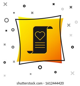 Black Envelope with Valentine heart icon isolated on white background. Message love. Letter love and romance. Yellow square button. Vector Illustration