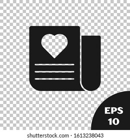 Black Envelope with Valentine heart icon isolated on transparent background. Message love. Letter love and romance.  Vector Illustration