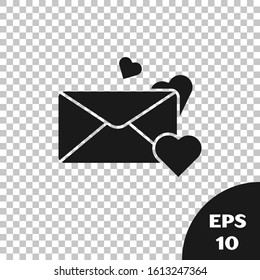 Black Envelope with Valentine heart icon isolated on transparent background. Message love. Letter love and romance.  Vector Illustration