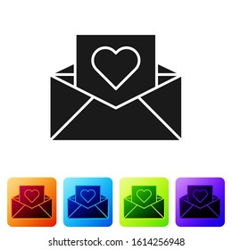 Black Envelope with Valentine heart icon isolated on white background. Message love. Letter love and romance. Set icons in color square buttons. Vector Illustration