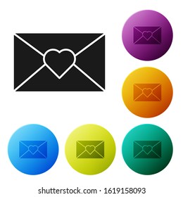 Black Envelope with Valentine heart icon isolated on white background. Message love. Letter love and romance. Set icons colorful circle buttons. Vector Illustration