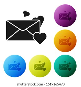 Black Envelope with Valentine heart icon isolated on white background. Message love. Letter love and romance. Set icons colorful circle buttons. Vector Illustration
