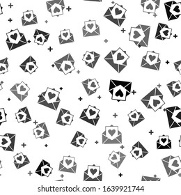 Black Envelope with Valentine heart icon isolated seamless pattern on white background. Letter love and romance.  Vector Illustration
