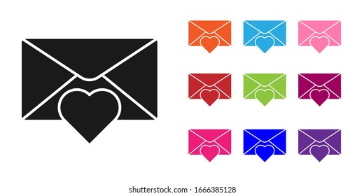 Black Envelope with Valentine heart icon isolated on white background. Message love. Letter love and romance. Set icons colorful. Vector Illustration