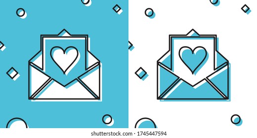 Black Envelope with Valentine heart icon isolated on blue and white background. Letter love and romance. Random dynamic shapes. Vector Illustration