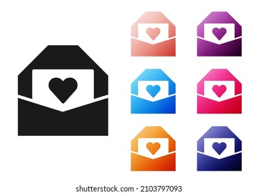 Black Envelope with Valentine heart icon isolated on white background. Message love. Letter love and romance. Set icons colorful. Vector