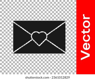 Black Envelope with Valentine heart icon isolated on transparent background. Message love. Letter love and romance.  Vector