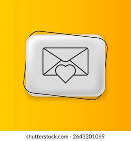 Black Envelope with Valentine heart icon isolated on yellow background. Message love. Letter love and romance. Silver rectangle button. Vector