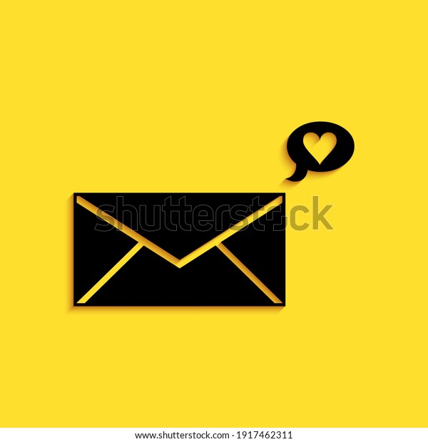 Black Envelope with Valentine heart icon isolated\
on yellow background. Message love. Letter love and romance. Long\
shadow style. Vector.