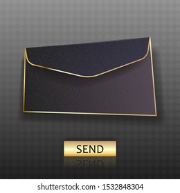Black envelope vector template with send button Black envelope with gold elements lying on transparent background. Realistic layout.