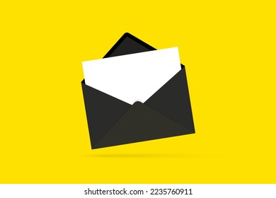 Black  envelope. Vector of  black  envelope. Unfolded envelope mockup isolated on a yellow background. Black envelope with blank card. Vector illustration