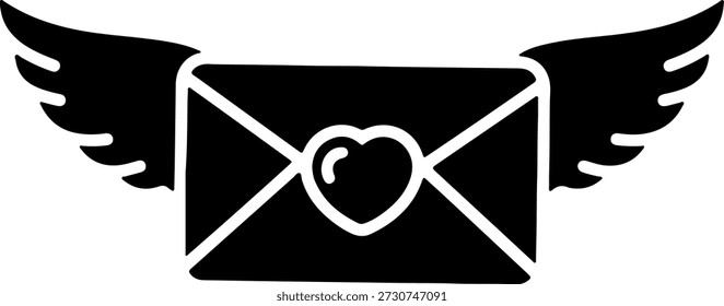 Ein schwarzer Umschlag mit weiß umrissenen Flügeln und einem Herz auf rein weißem Hintergrund, der Liebe und Post symbolisiert