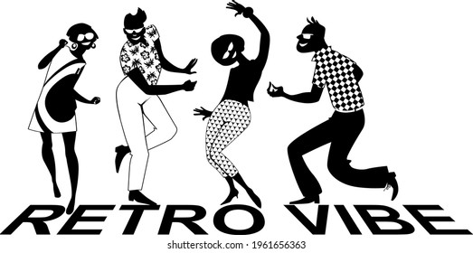 Black EPS 8 vector silhouette of a retro dance party, people dancing the twist, no white objects