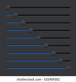 Black equalizer with blue slider buttons. Vector illustration.