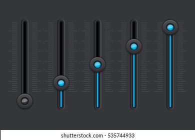 Ecualizador negro con botones deslizantes azules. Ilustración vectorial.