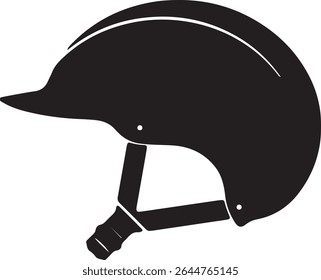 A black equestrian helmet with a visor and chinstrap sits against a gray and white background.