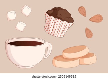 Black espresso or americano coffee cup with sugar cubes, almond nuts, sweet fresh baked muffin and pancakes for coffeeshop or barista design. Cartoon vector set of caffeine drink with desserts.