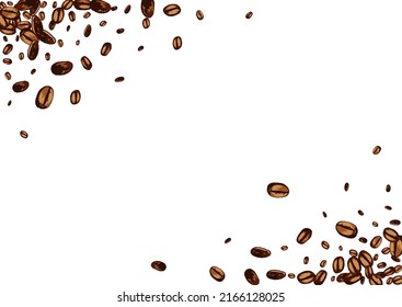 Black EspressoCoffee Realistic Vector White Background. Sketch Pile Illustration. Dark Organic Seed Frame. Roasted Arabic Template.