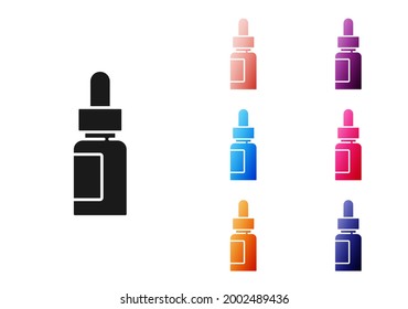 Black Essential oil bottle icon isolated on white background. Organic aromatherapy essence. Skin care serum glass drop package. Set icons colorful. Vector