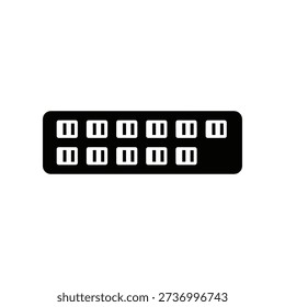 A black ethernet switch with 12 white ports, symbolizing connectivity and networking, ideal for technology and business concepts.