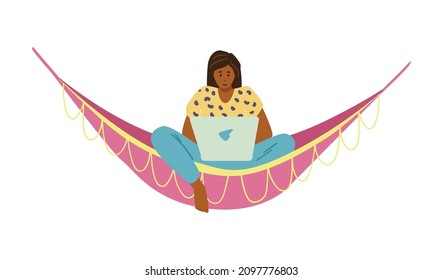 Black ethnic female sitting in hammock working or study with her laptop computer. Freelance home office concept. Hispanic woman character freelance work.