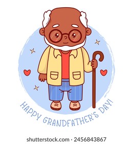 Black ethnic granddad. Happy Grandfather's Day card. Cute elderly gray-haired man with glasses with stick. Vector illustration. Positive festive cartoon old male character.