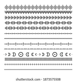 Black ethnic line ornaments. Tribal geometric design, aztec style, native americans texile. Vector elements for brushes, textures, patterns.