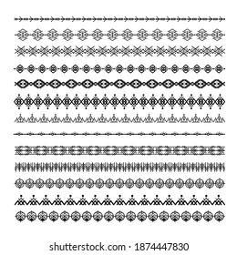 Black ethnic line ornaments. Tribal geometric design, aztec style, native americans texile. Vector elements for brushes, textures, patterns.