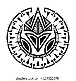 Black ethnic tattoo. Stylized circular ornament. Space subject. Triangular pattern. Mountains of Inca. Maya pyramid. Polynesian tattoo. Art of natives of Maori. Vector illustration.
