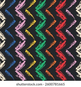 Black ethnical geometrical seamless pattern with colorful triangles. Tribal chevron background