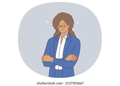 Black Ethnicity Business Woman Concept. Smiling Positive Business Woman Of Black African American Ethnicity In Blue Suit Standing And Looking At Camera Vector Illustration 