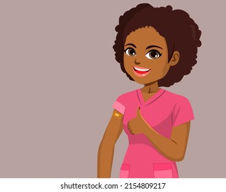 Black ethnicity female nurse with vaccine dose and thumb up positive message concept