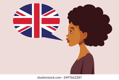 
Chica negra de etnia que habla Ilustración vectorial inglesa. Perfil de una joven hablando en lengua extranjera 
