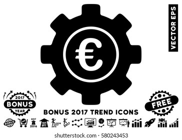 Black Euro Development Gear icon with bonus 2017 trend design elements. Vector illustration style is flat iconic symbols, white background.