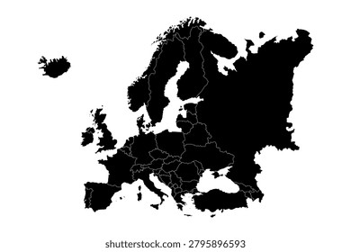 Black Europe map with countries outline isolated on white background. Vector map of Europe silhouette