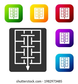 Black Evacuation plan icon isolated on white background. Fire escape plan. Set icons in color square buttons. Vector