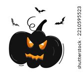 Black evil pumpkin. Vector silhouette of a scary, flat Halloween pumpkin. Isolated transparent background. Cartoon autumn lantern. Black Jack face. Smile funny evil with trick or treat quote.