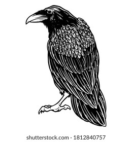 Black evil raven for halloween theme tattoo and t-shirt design. Vintage crow symbol of gothic, halloween, fear. Hunter bird. Great for greeting cards, invitations, for printing on T-shirts and more