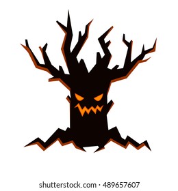 Black evil tree with scary smiling face, fire inside and bare branches. Halloween character in flat style