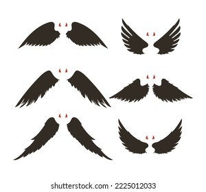 Black evil wings and red horns set. Vector illustrations of devil costume and headband for Halloween party. Cartoon silhouettes of different shapes isolated on white. Masquerade, decor concept