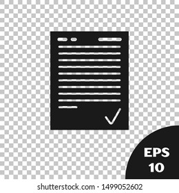 Black Exam sheet with check mark icon isolated on transparent background. Test paper, exam, or survey concept. School test or exam.  Vector Illustration