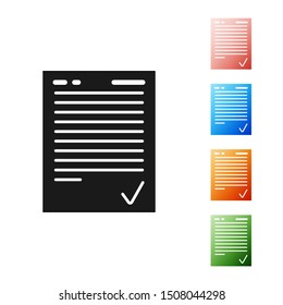 Black Exam sheet with check mark icon isolated on white background. Test paper, exam, or survey concept. School test or exam. Set icons colorful. Vector Illustration